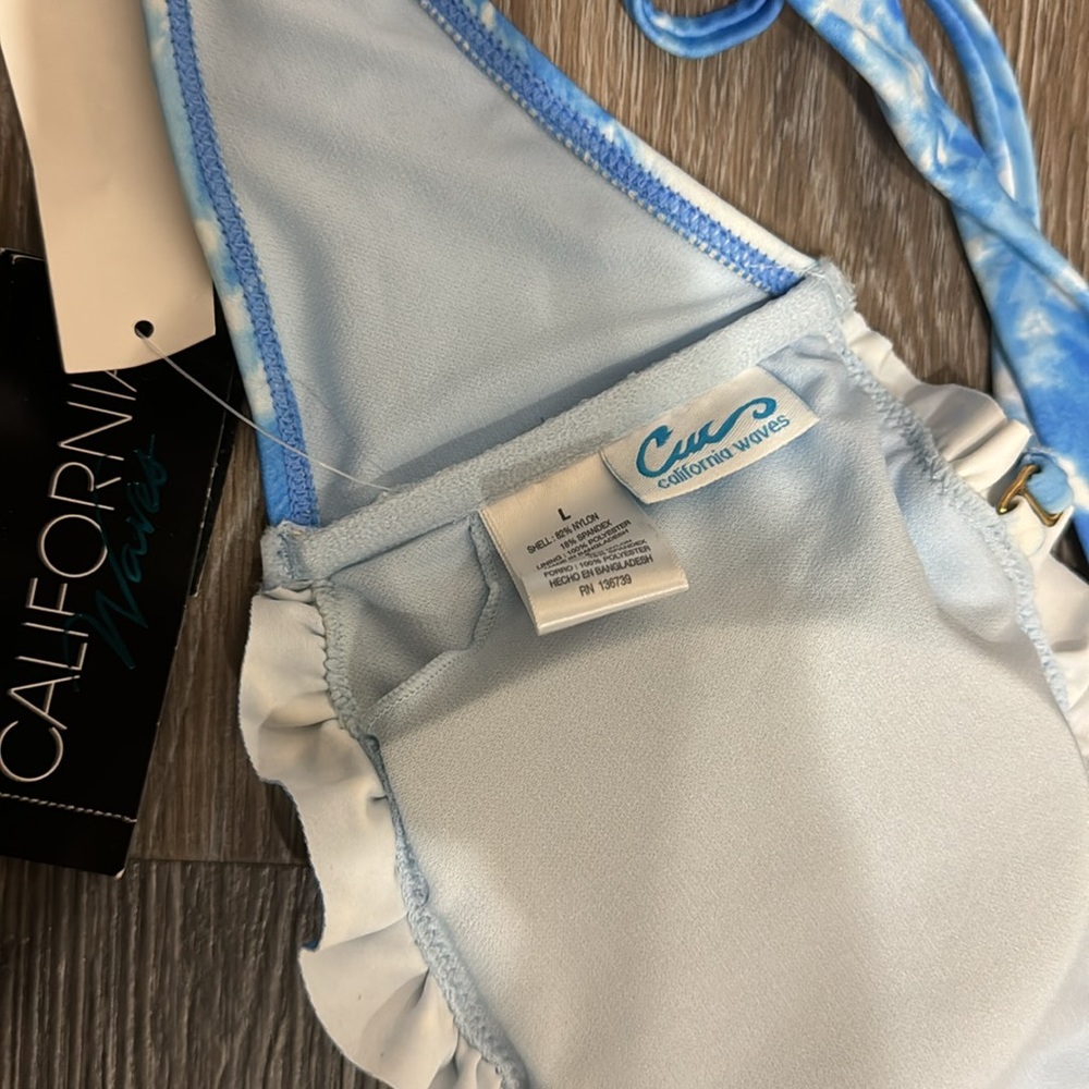 NWT California Waves blue white tie dye smocked strapless swim bikini top L - Picture 7 of 8